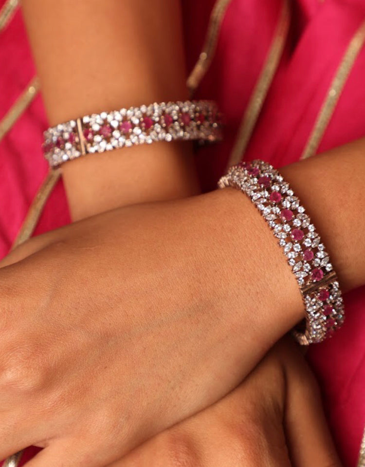 925 Silver Nizam CZ Ruby Bangle Set - Amrrutam 