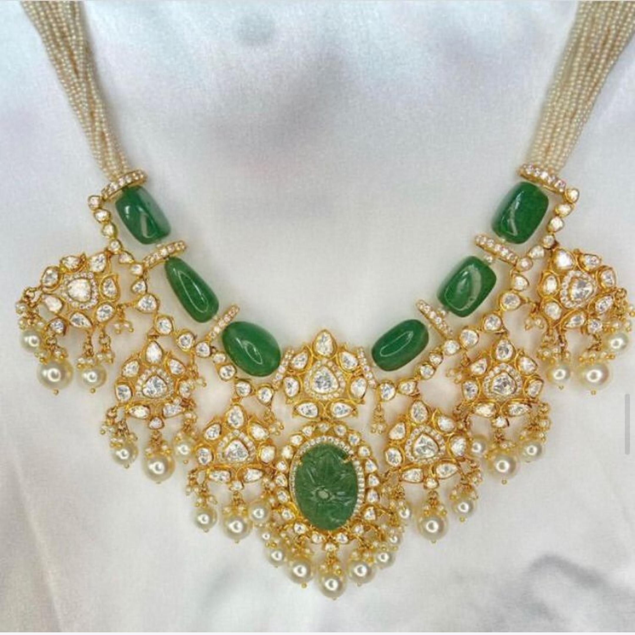 925 silver Green Polki Choker Necklace Set - Amrrutam