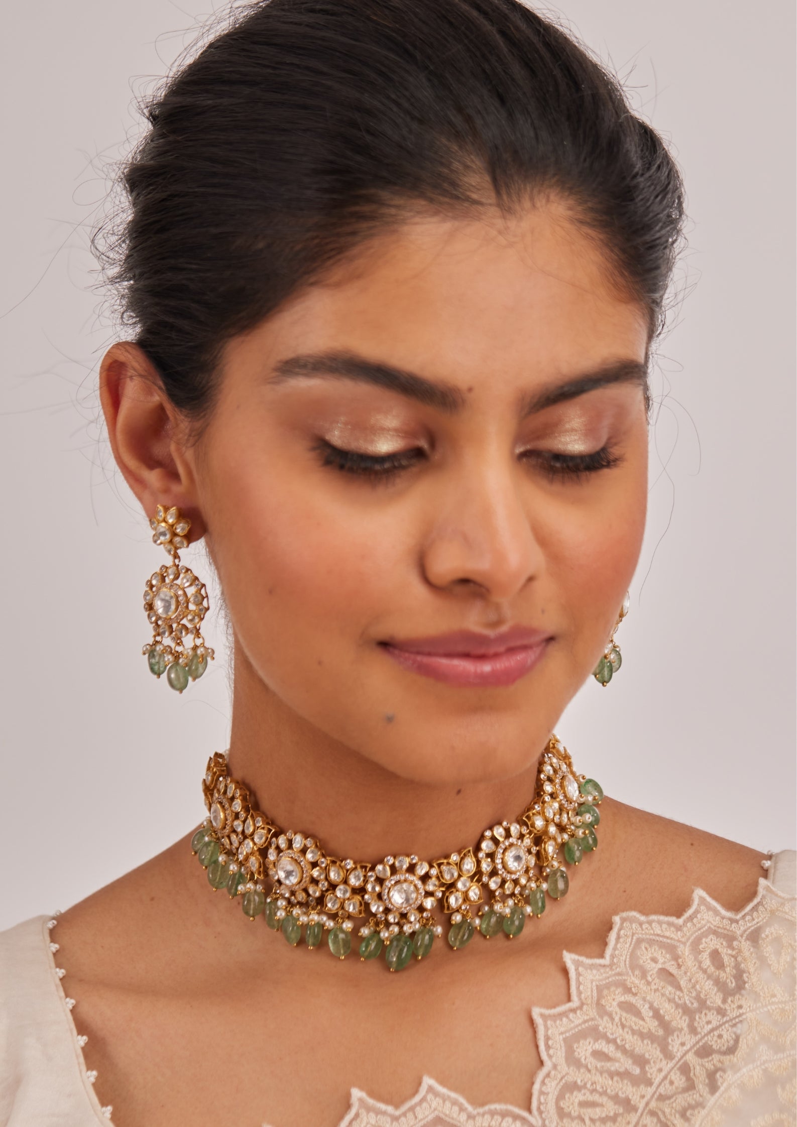 925 Silver Niyuri Green Polki Choker Necklace Set - Amrrutam