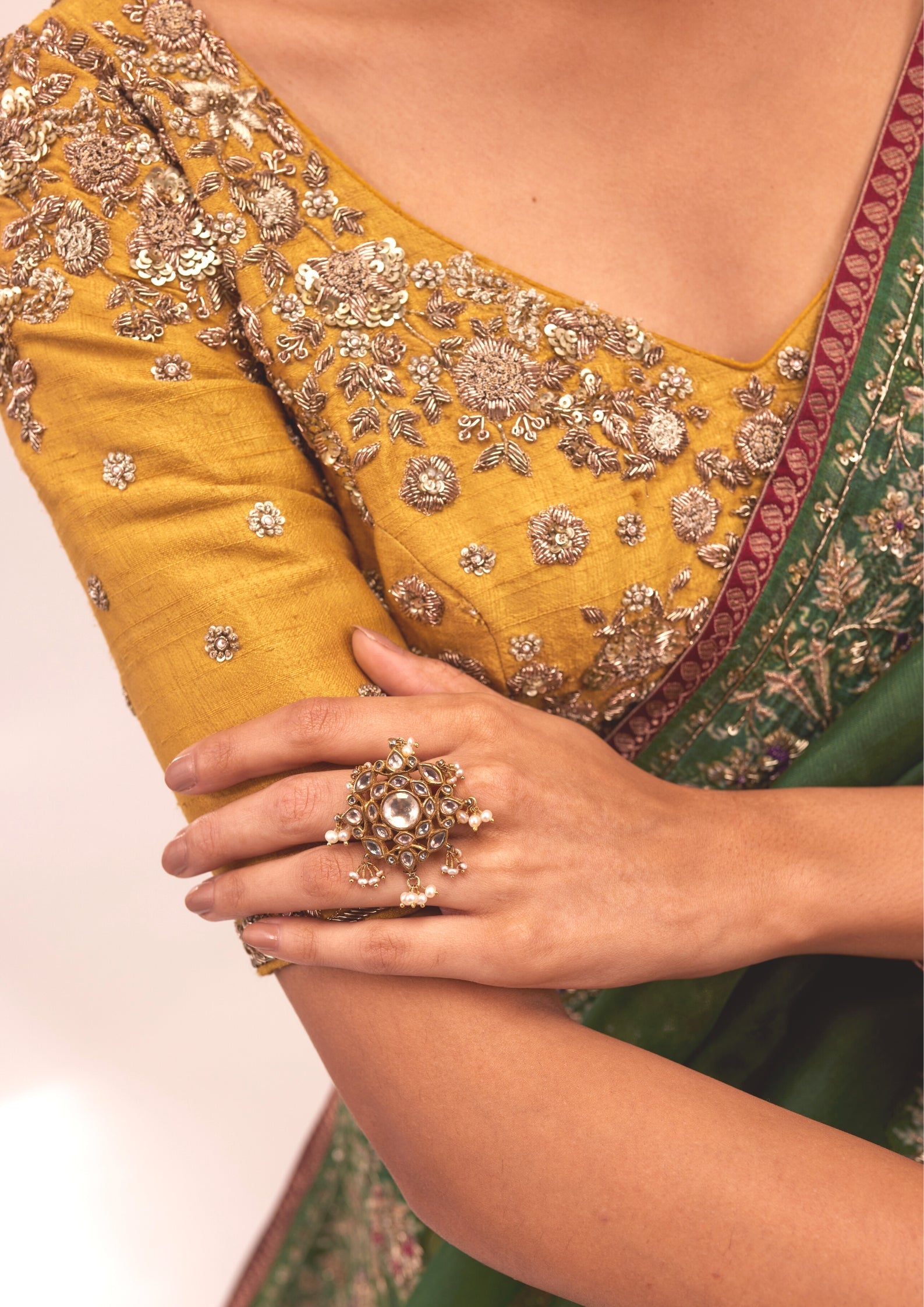 925 Silver Saraswat Polki Pearl Ring - Amrrutam
