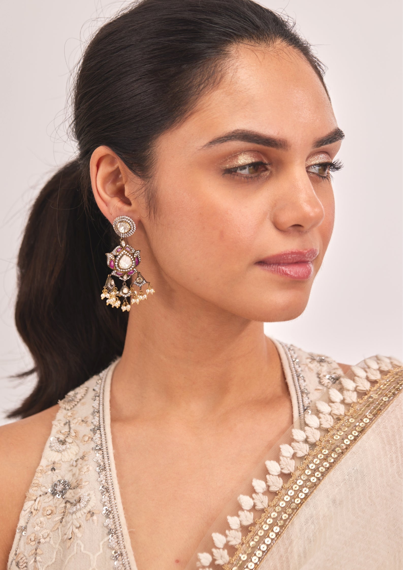 925 Silver Pink Polki Surya Chandra Earring - Amrrutam