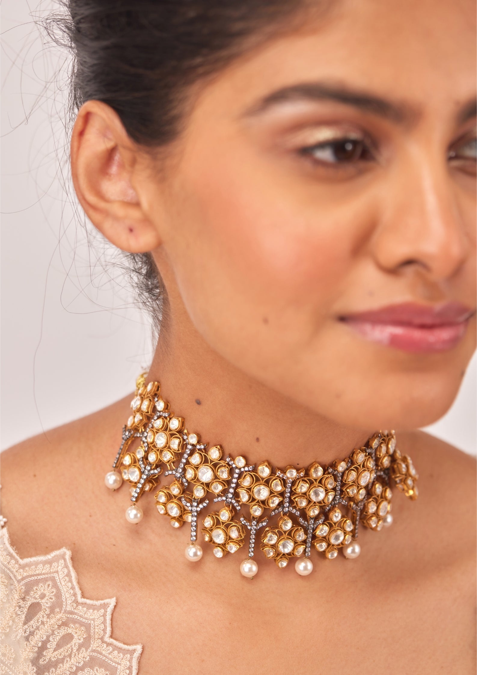 925 Silver Victorian Dual Tone Polki Choker Necklace - Amrrutam