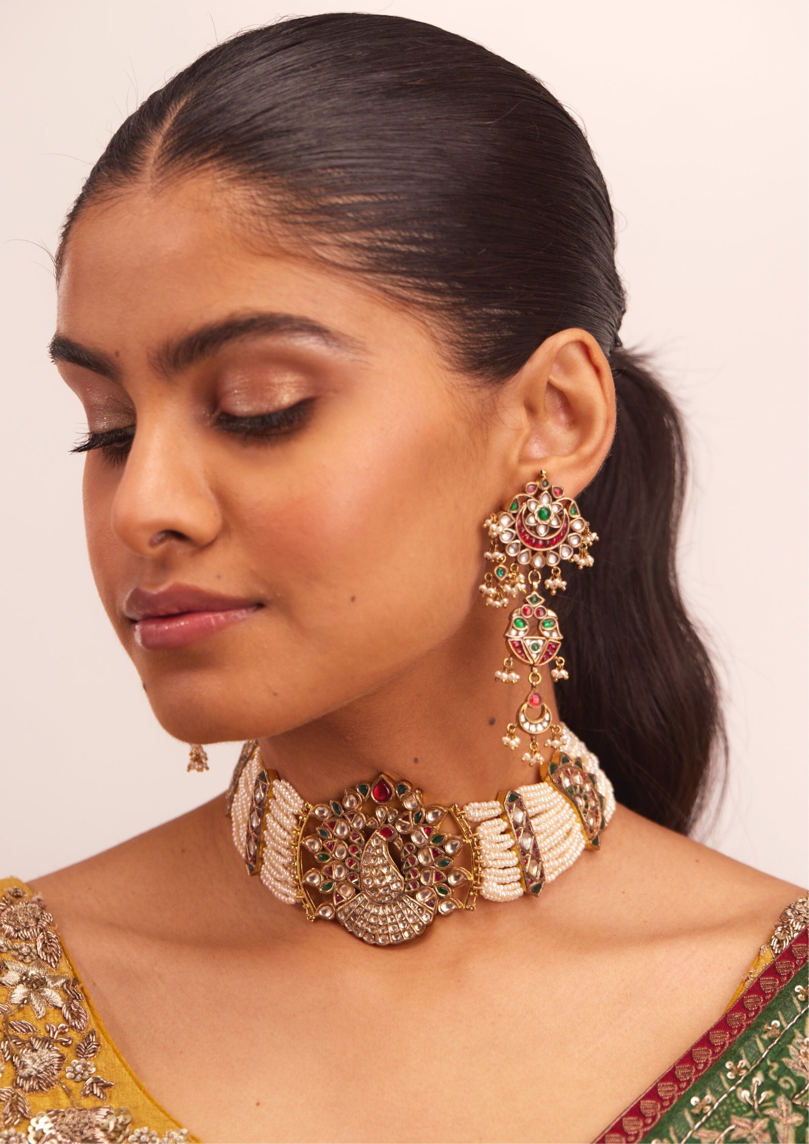 925 Silver Amasvaya Peacock Choker Necklace Set - Amrrutam