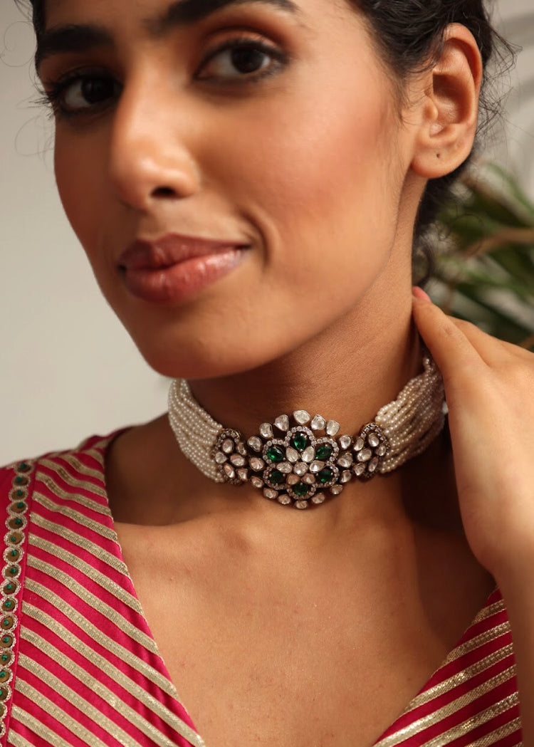 925 Silver Jwala Emerald Polki Choker Necklace - Amrrutam 