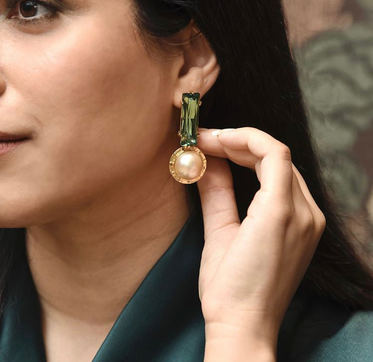 Green Maxi Studs With Pearl - Amrrutam