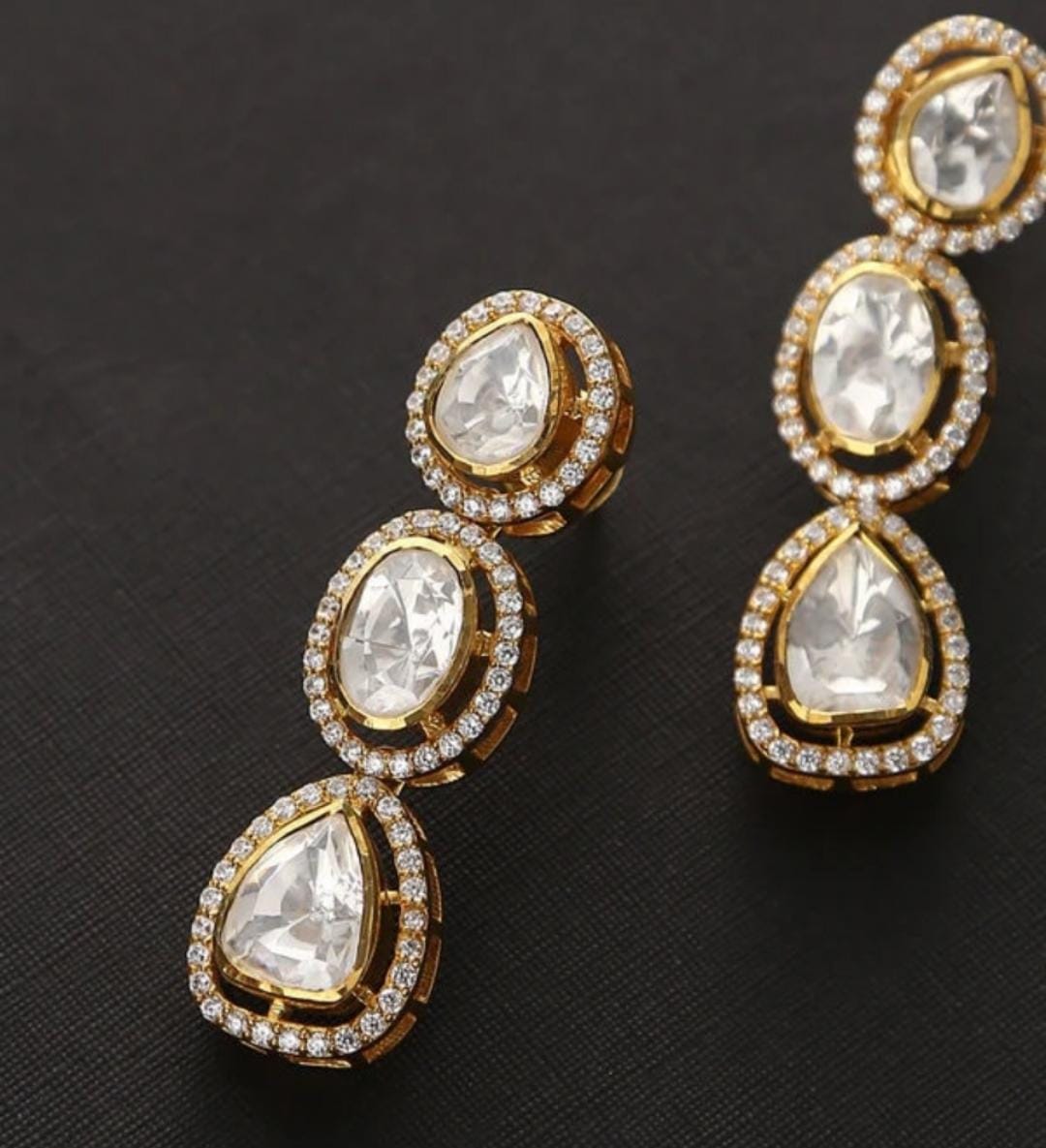 925 Silver Rina Tri Polki Drop Earrings - Amrrutam Jewellery