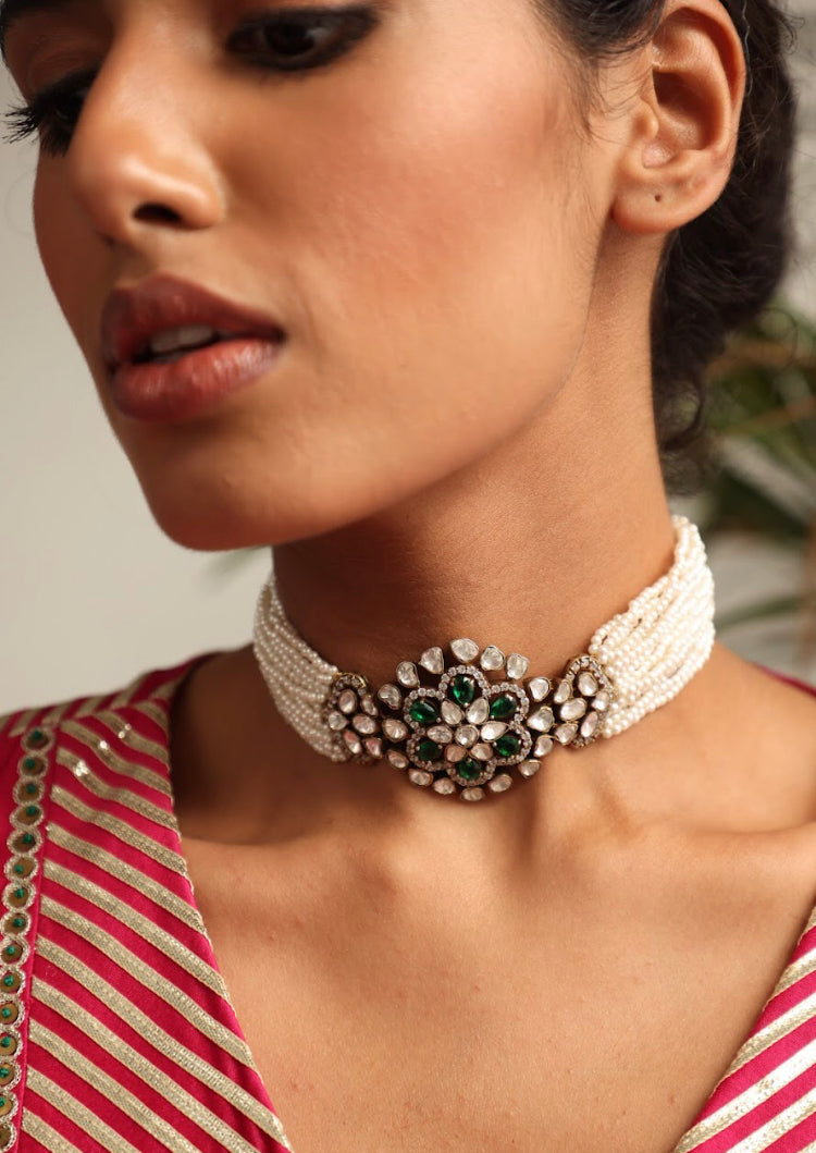 925 Silver Jwala Emerald Polki Choker Necklace - Amrrutam 