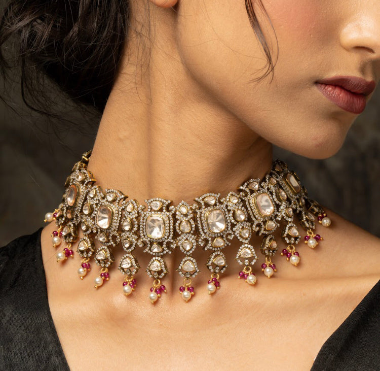 925 Silver Naqksh Polki Choker - Amrrutam 