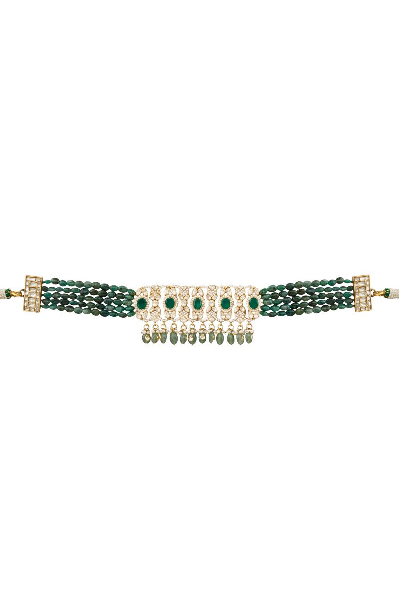 925 Silver Polki Emerald Choker Necklace - Amrrutam