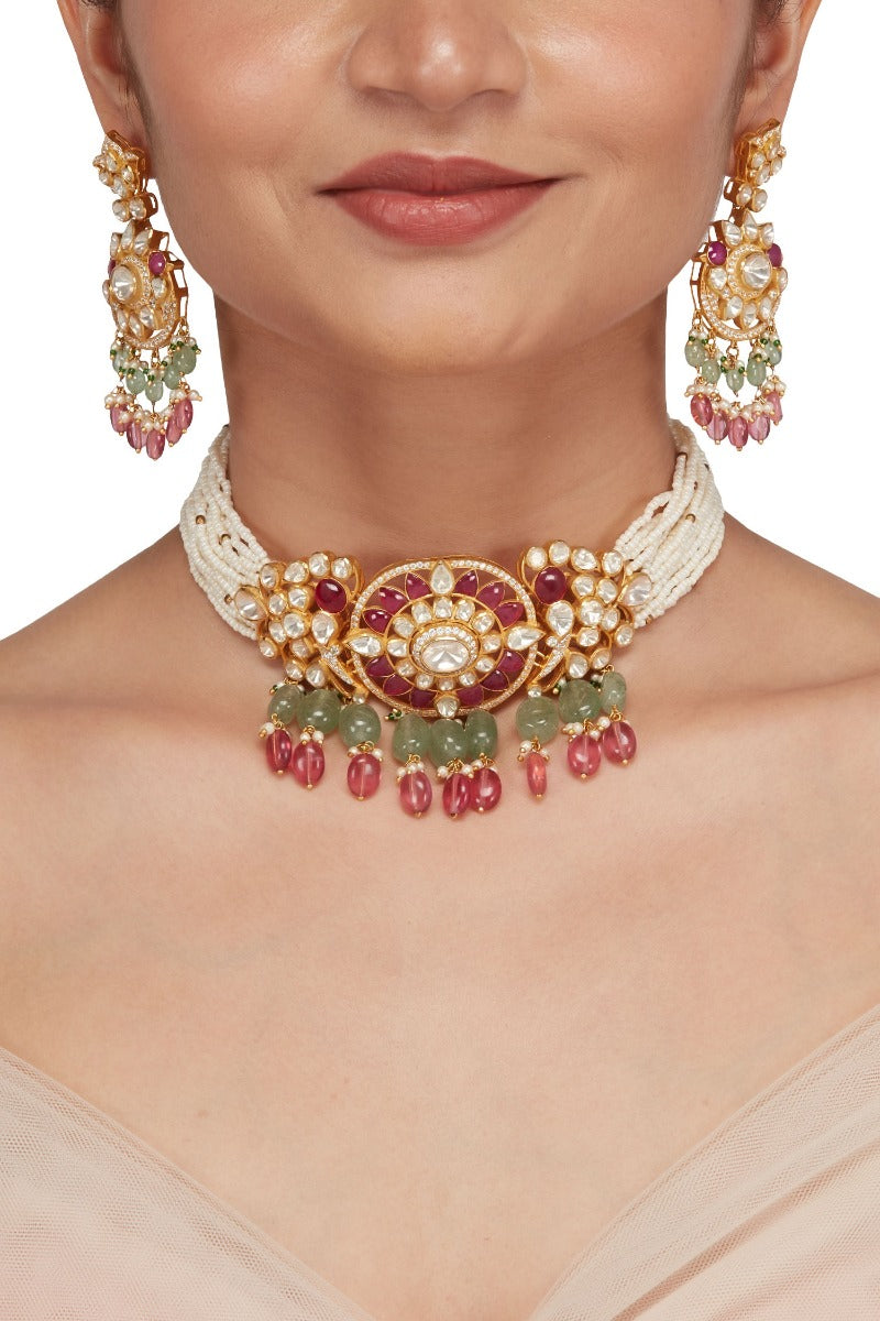 Floral 925 Silver Pastel Choker Necklace - Amrrutam