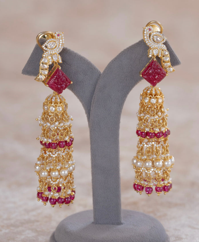 925 Silver Trissur Ruby Polki Jhumka Earring - Amrrutam 