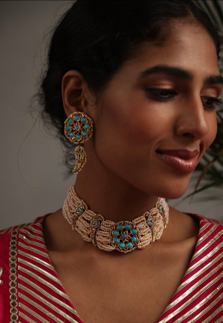 925 Silver Bavara Turquoise Peacock Choker Necklace Set - Amrrutam 