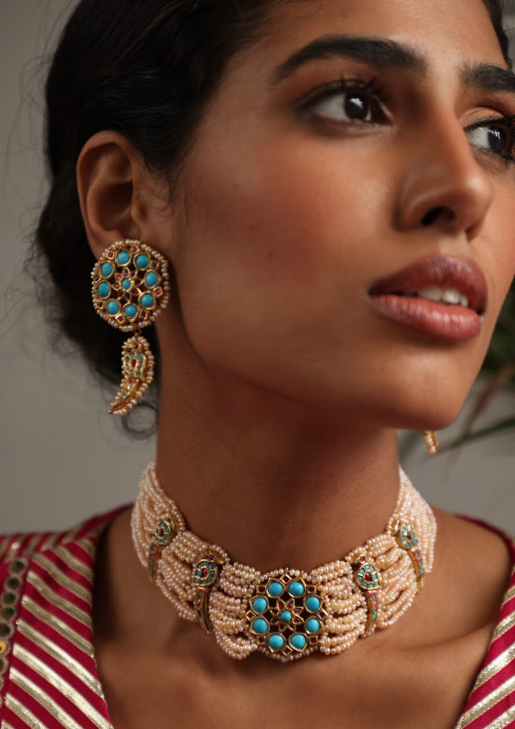 925 Silver Bavara Turquoise Peacock Choker Necklace Set - Amrrutam 