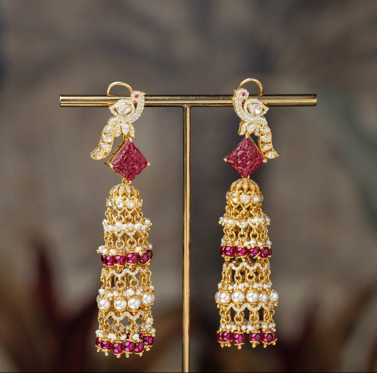 925 Silver Trissur Ruby Polki Jhumka Earring - Amrrutam 