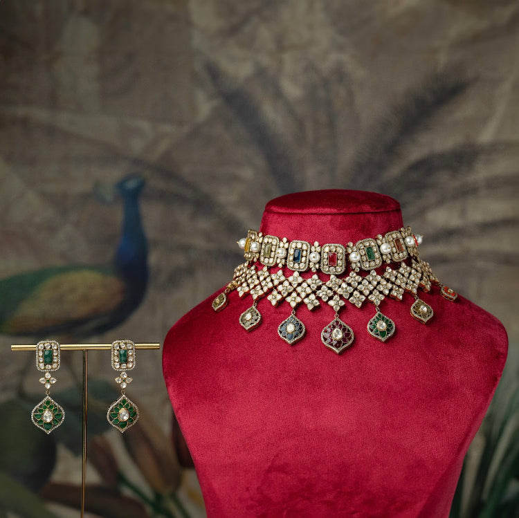 925 Silver RaangRatan Polki Necklace Set - Amrrutam 