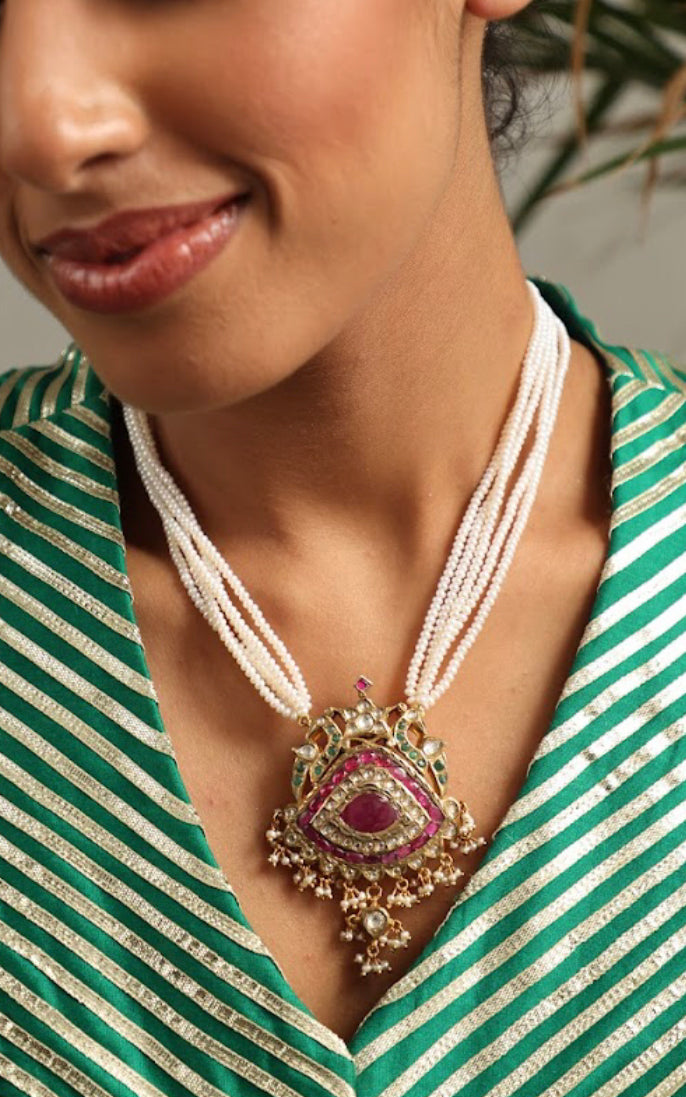 925 Silver Bavara Kannauj Pearl Ruby Necklace - Amrrutam 
