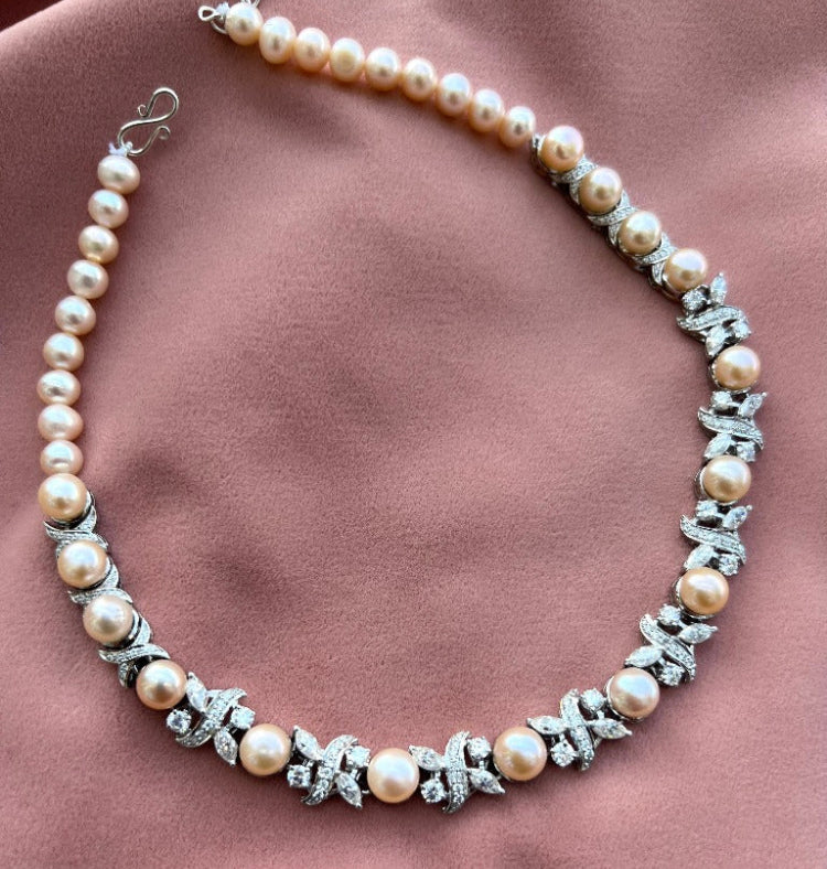 925 Silver Diamond Pearl Necklace Set - Amrrutam 