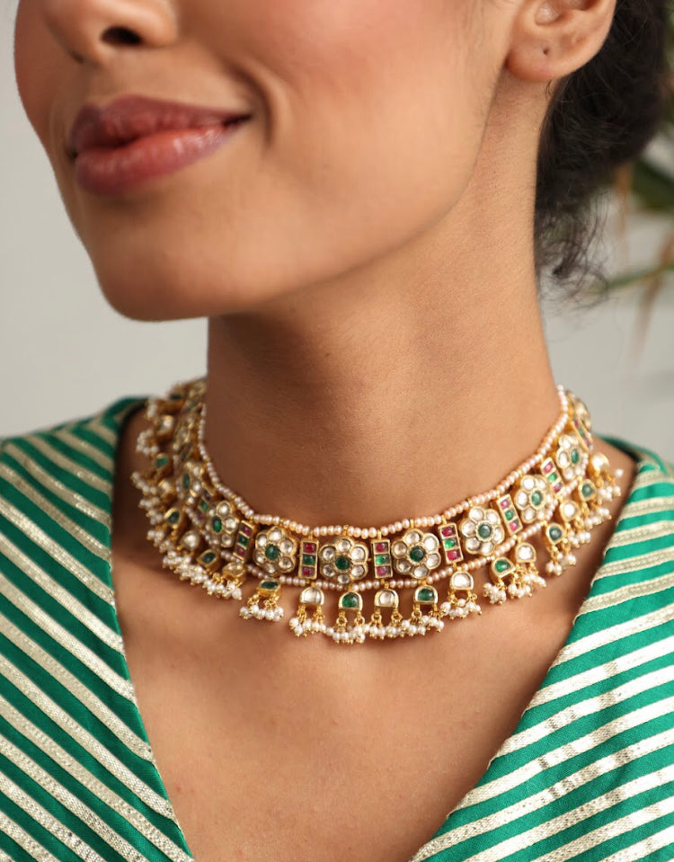 925 Silver Floral Nivaya Choker Necklace - Amrrutam 