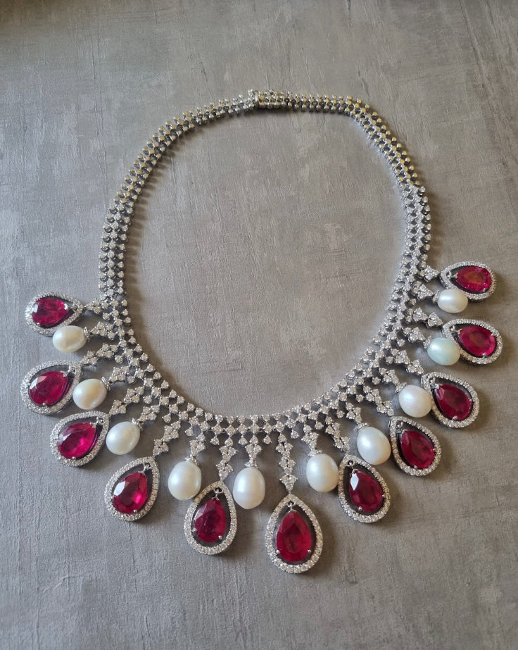 925 Silver Riverra Ruby Pearl Necklace - Amrrutam 