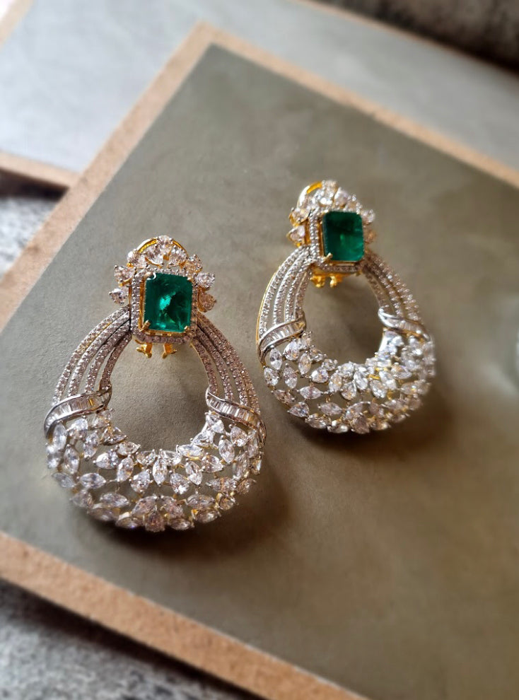 925 Silver Kamiya Emerald CZ  Long Earring - Amrrutam 