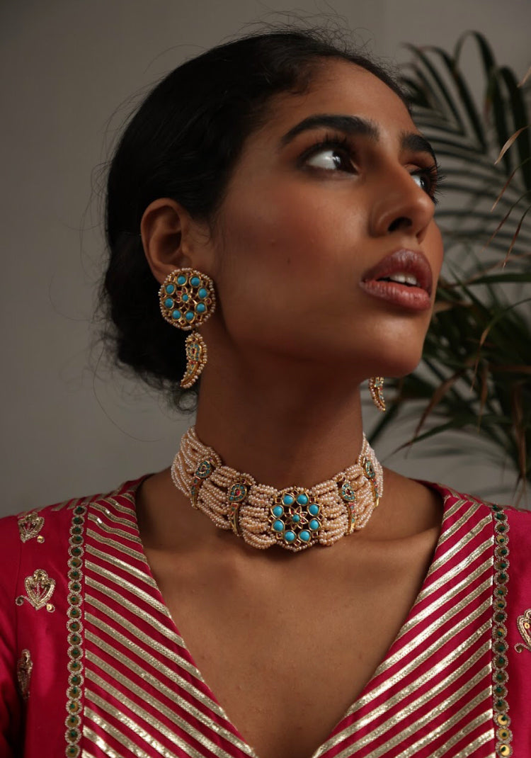 925 Silver Bavara Turquoise Peacock Choker Necklace Set - Amrrutam 