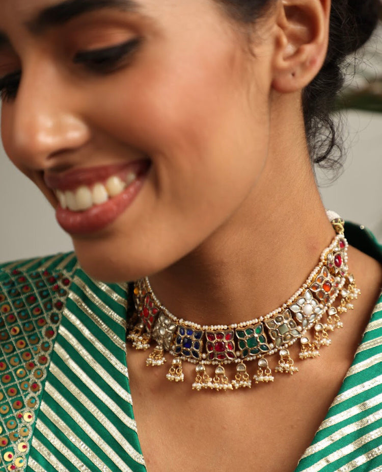 925 Silver Bavara Floral Navratan Choker Necklace - Amrrutam 