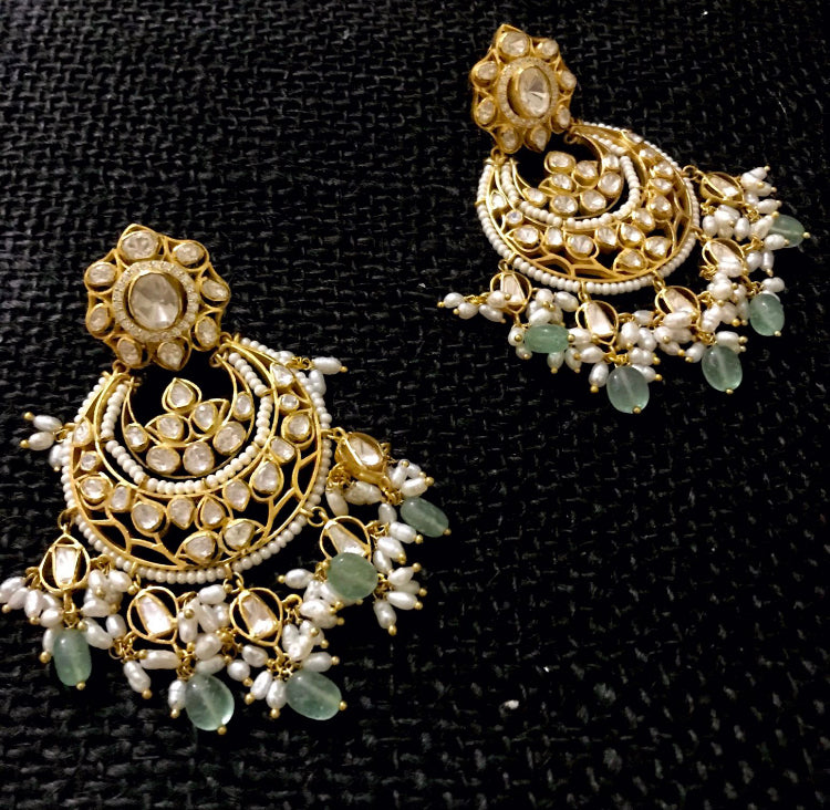 Green Polki Chaandbali Earrings in 925 Silver - Amrrutam