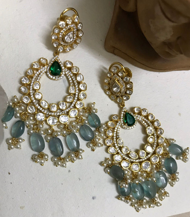 Blue Polki Chaandbali Earrings in 925 Silver - Amrrutam