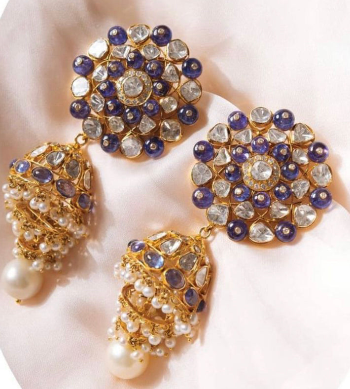 925 Silver Manderi Blue Polki Jhumka Earrings - Amrrutam Jewellery
