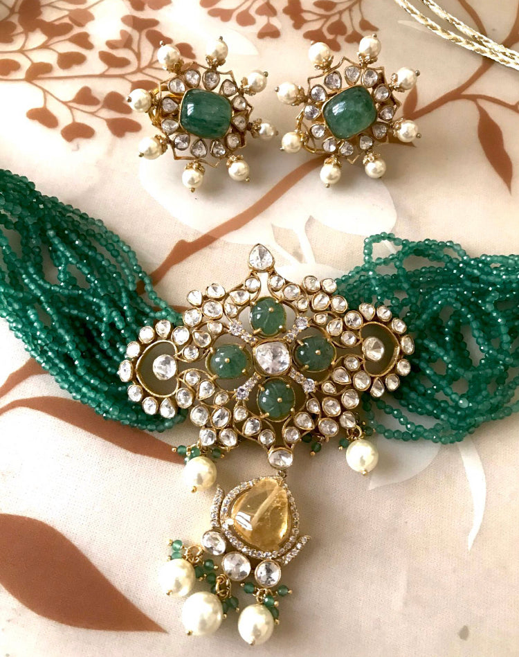 925 Silver Green Polki Choker Set - Amrrutam