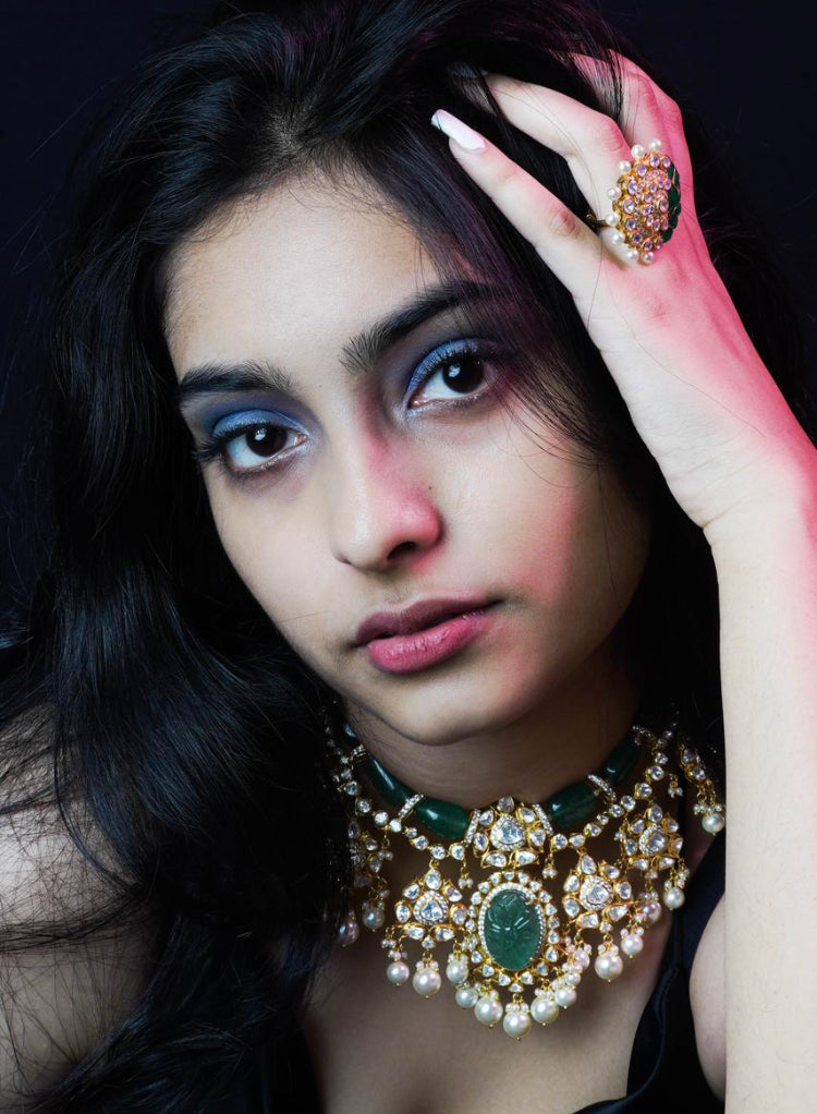 925 silver Green Polki Choker Necklace Set - Amrrutam