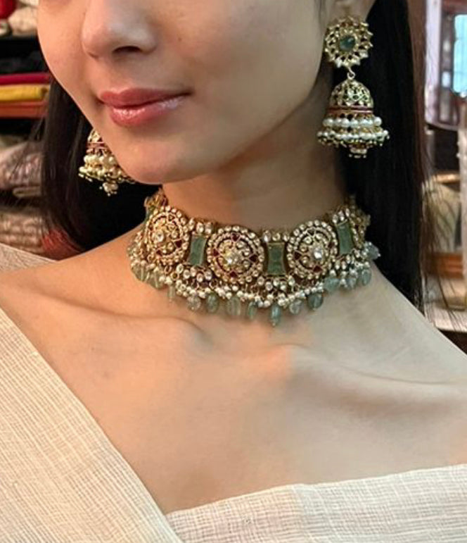 925 Silver Kevari Polki Choker Necklace - Amrrutam