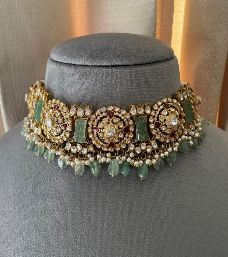 925 Silver Kevari Polki Choker Necklace - Amrrutam