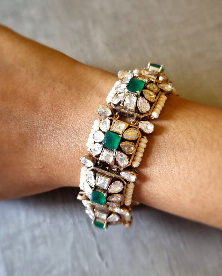 925 Silver Emerald Polki Victorian Bracelet - Amrrutam 