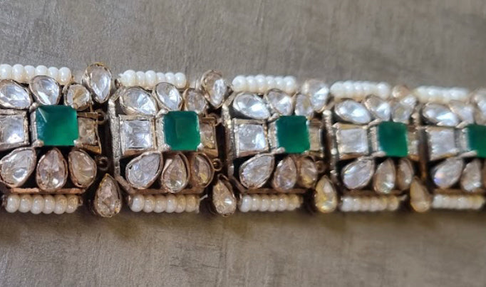 925 Silver Emerald Polki Victorian Bracelet - Amrrutam 