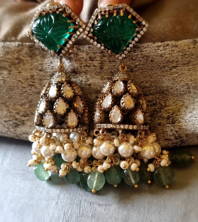 925 Silver Ashviya Emerald Polki Jhumka Earring - Amrrutam 