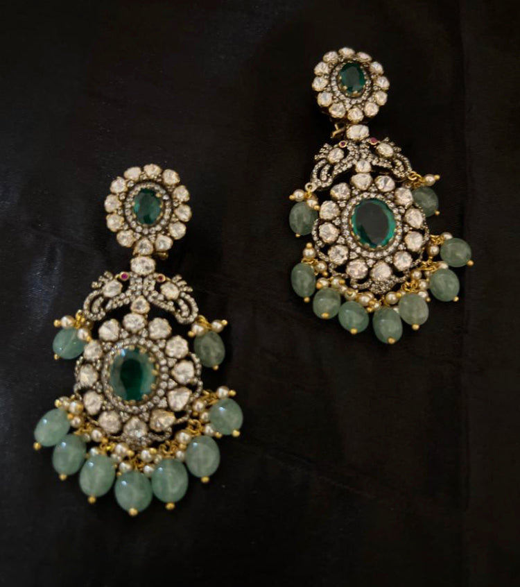 925 Silver Peacock Victorian Polki Chandbali Earring - Amrrutam