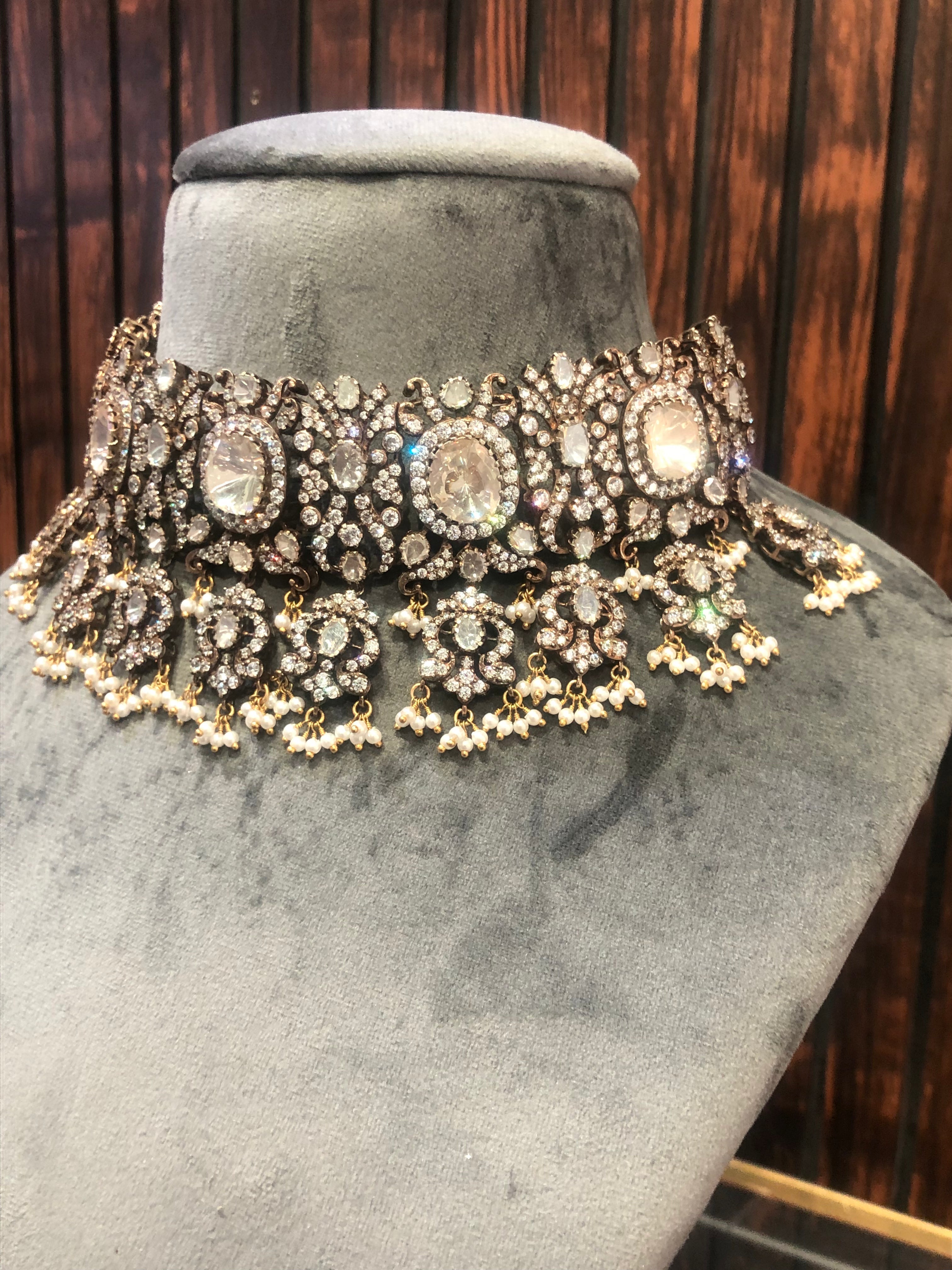 925 Silver Zohya Victorian Polki Choker Necklace Set - Amrrutam Jewellery