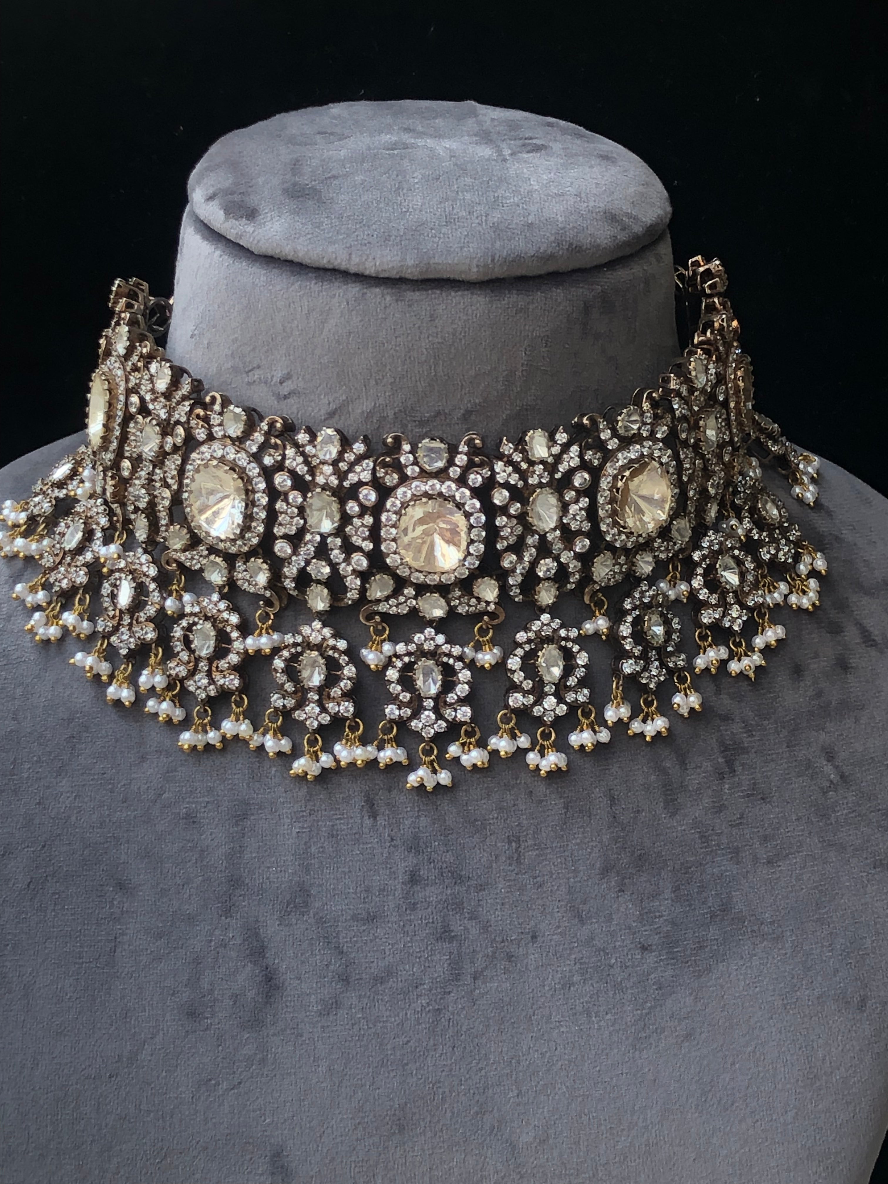 925 Silver Zohya Victorian Polki Choker Necklace Set - Amrrutam Jewellery