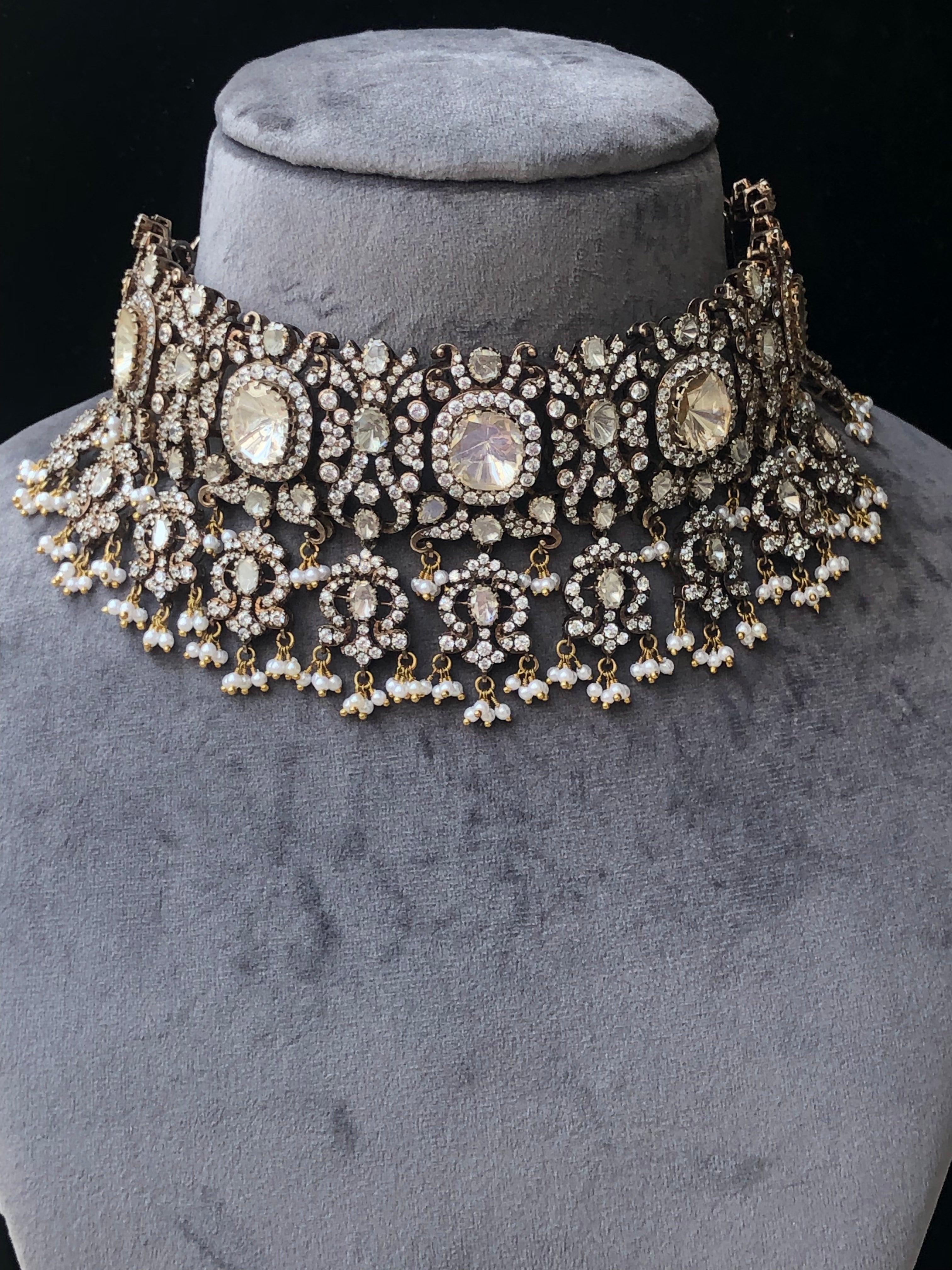 925 Silver Zohya Victorian Polki Choker Necklace Set - Amrrutam Jewellery