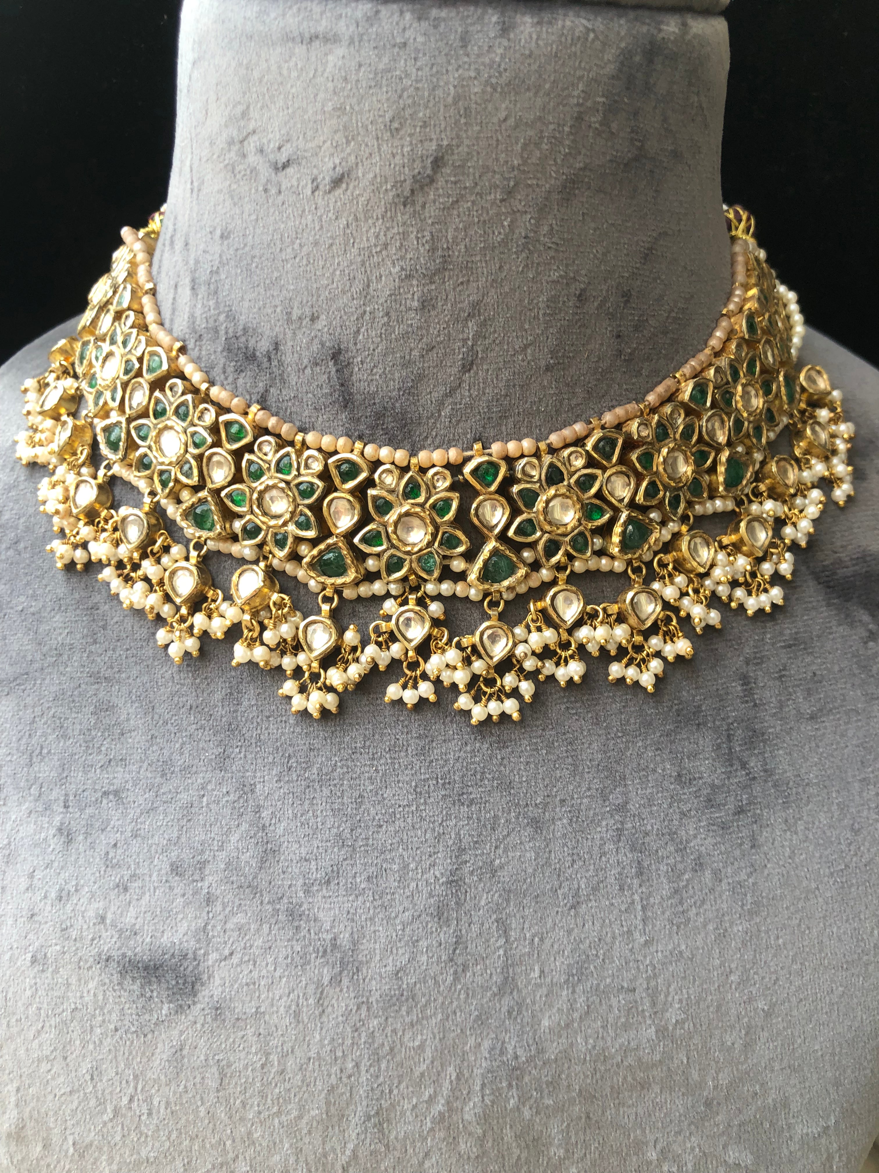 925 Silver Nizami Polki Choker Necklace Set - Amrrutam Jewellery