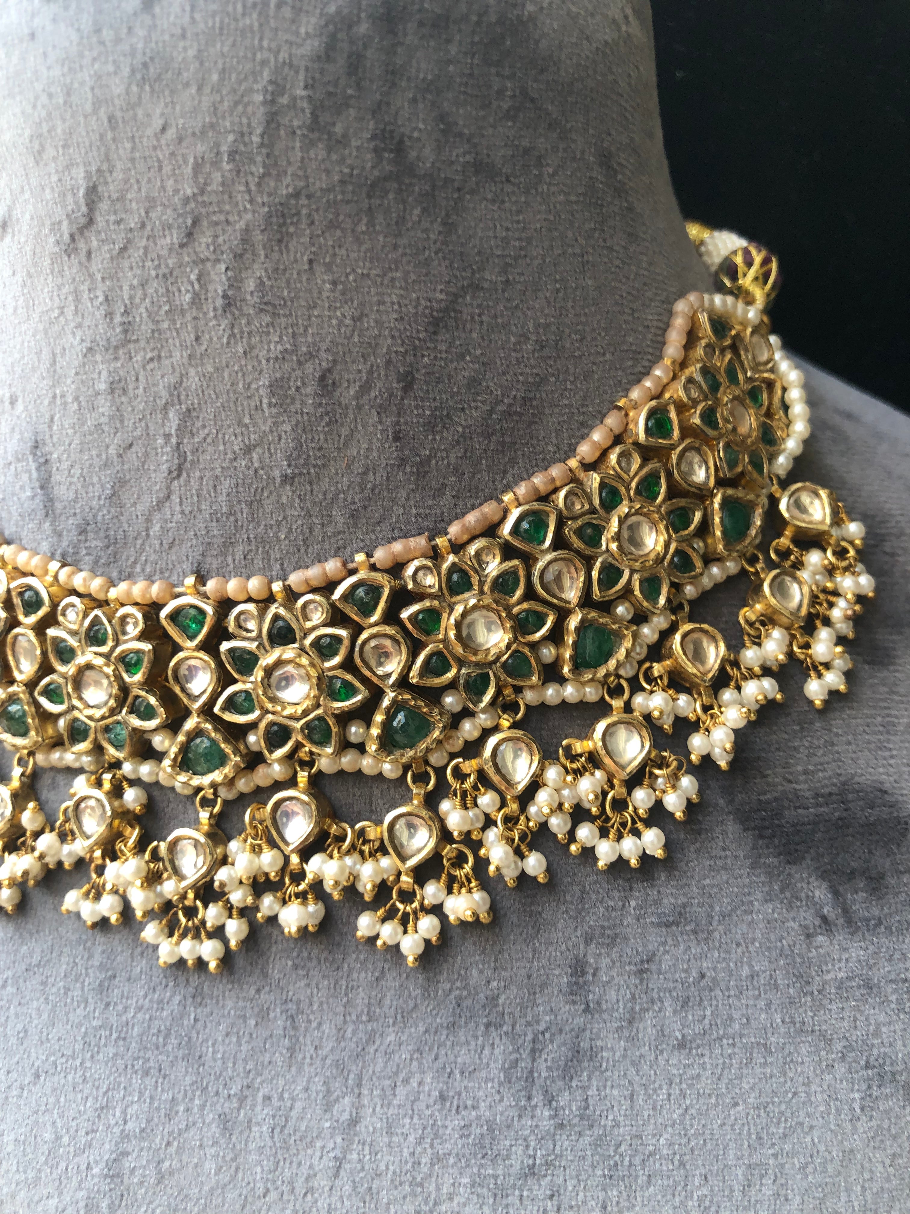 925 Silver Nizami Polki Choker Necklace Set - Amrrutam Jewellery