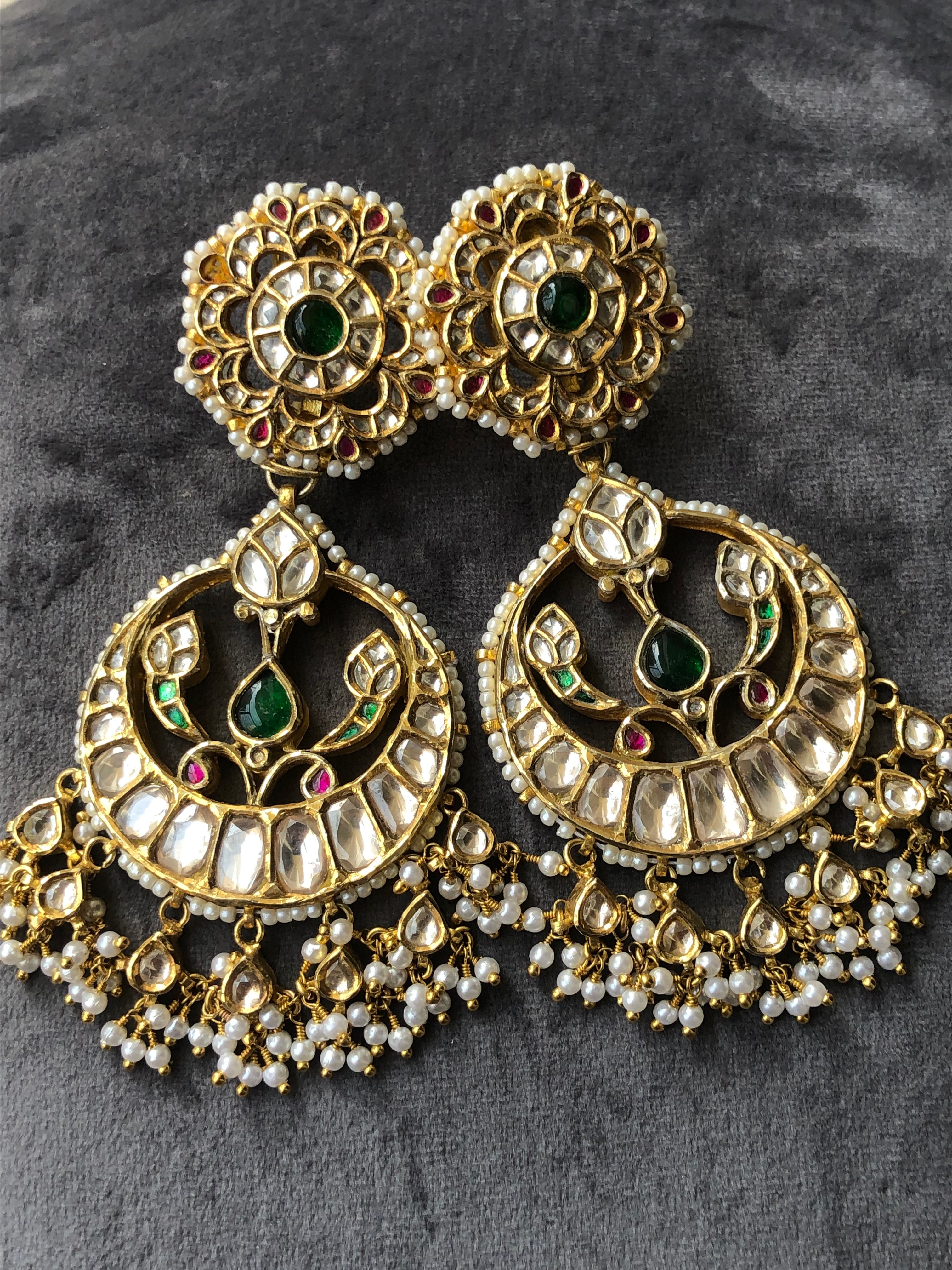 925 Silver Jadavi Polki Chandbali Earring - Amrrutam Jewellery