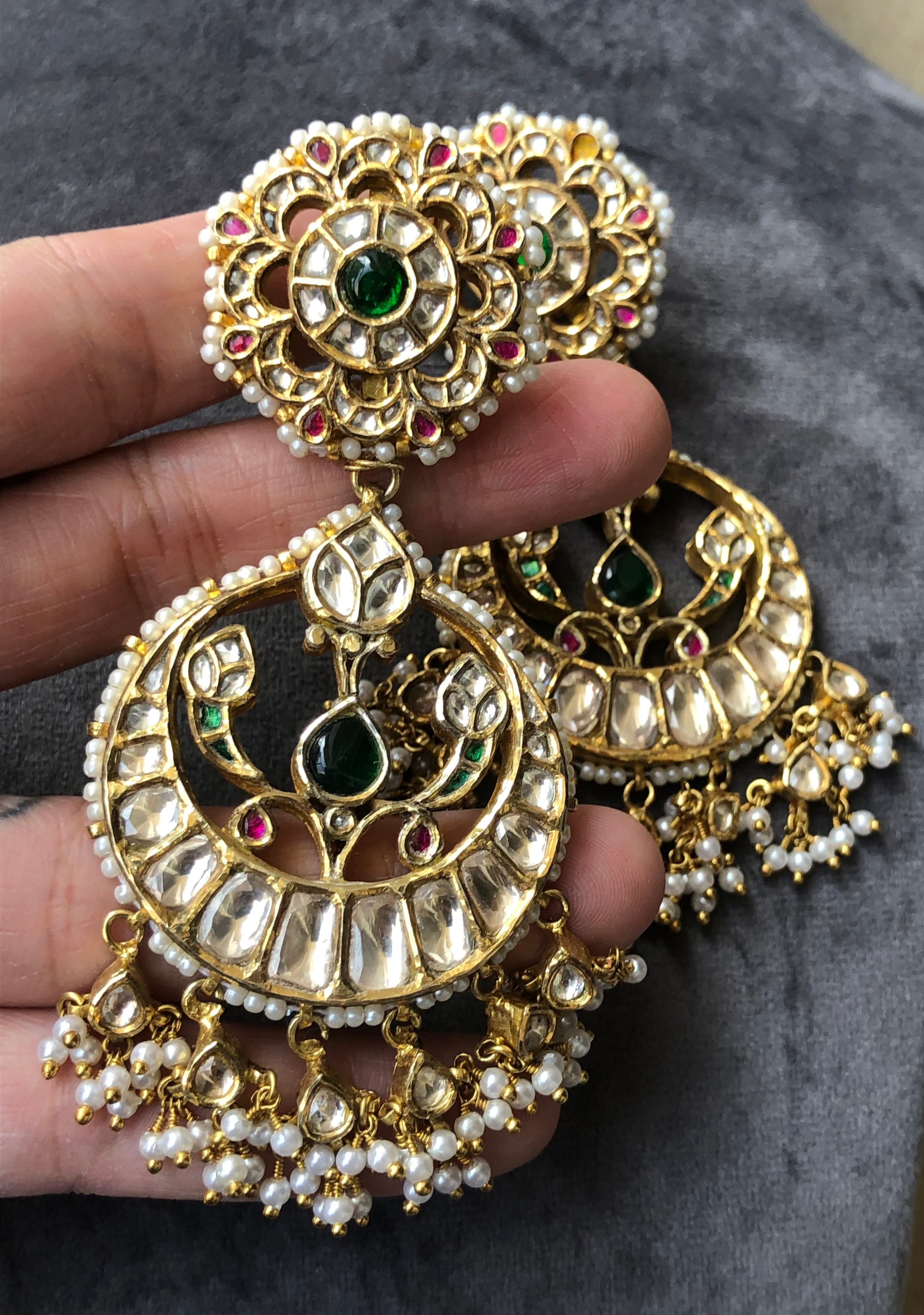 925 Silver Jadavi Polki Chandbali Earring - Amrrutam Jewellery