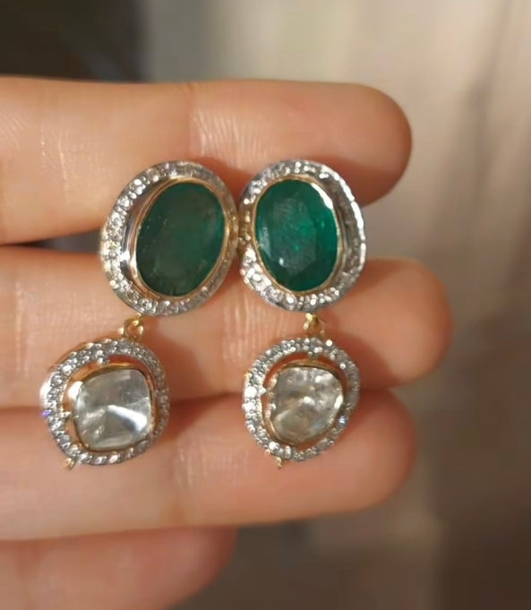 14K Gold Emerald Polki Drop Earrings - Amrrutam