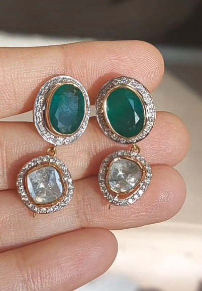 14K Gold Emerald Polki Drop Earrings - Amrrutam