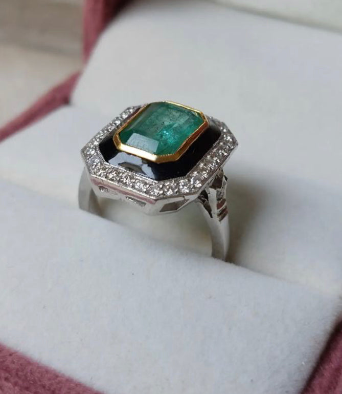 14K Gold Black Enamel Emerald Diamond Victorian Ring - Amrrutam