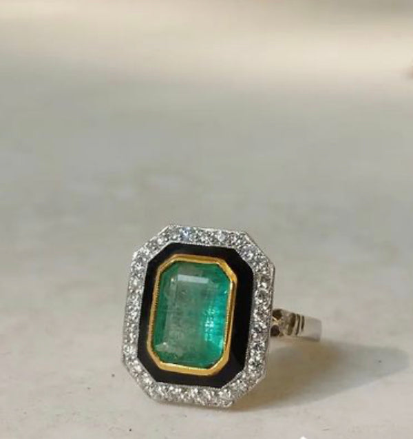14K Gold Black Enamel Emerald Diamond Victorian Ring - Amrrutam