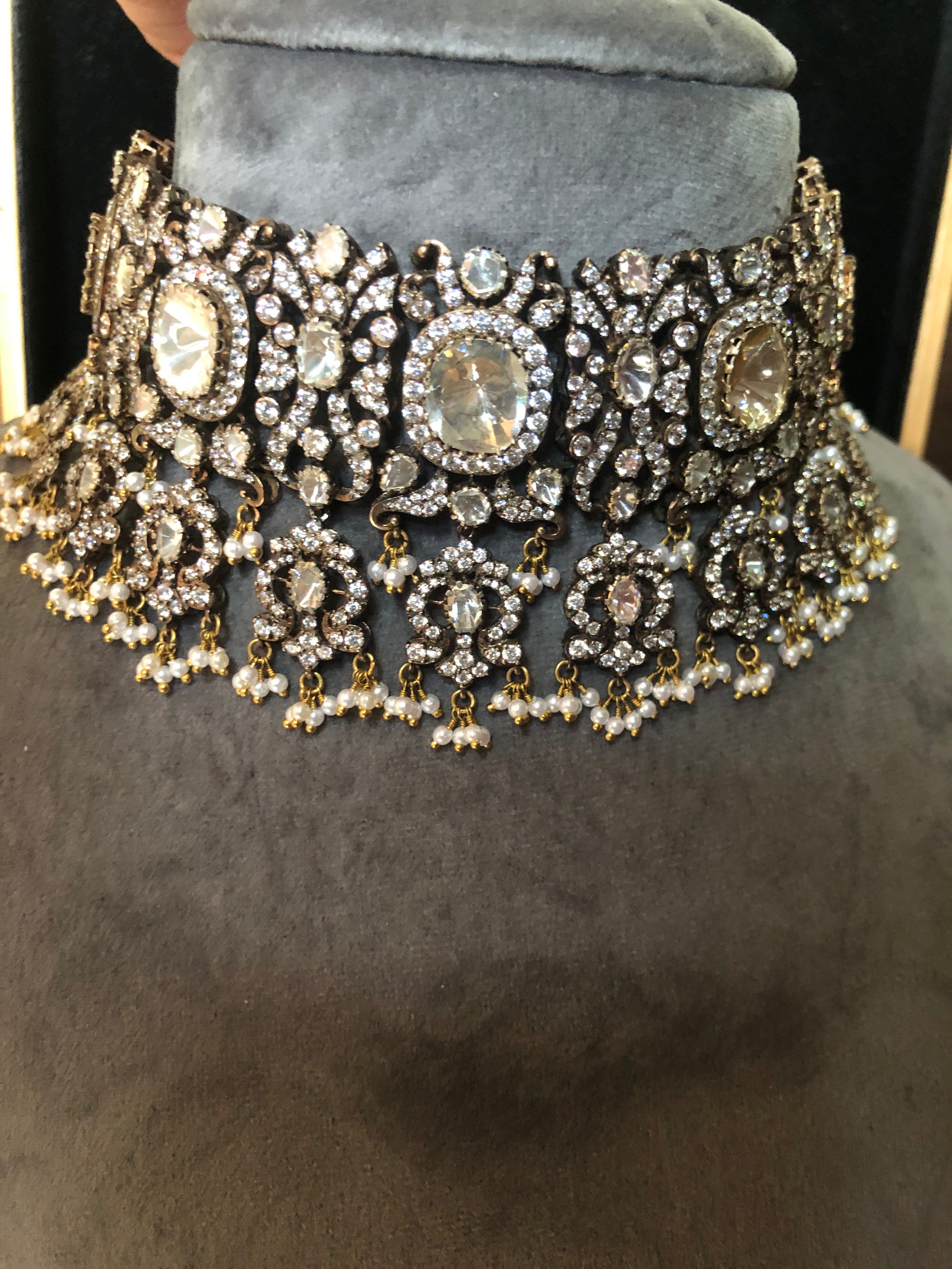 925 Silver Zohya Victorian Polki Choker Necklace Set - Amrrutam Jewellery