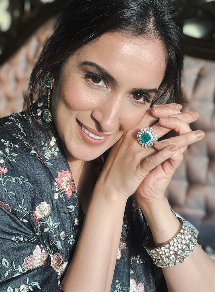 925 Silver Pevora CZ Emerald Ring - Amrrutam 